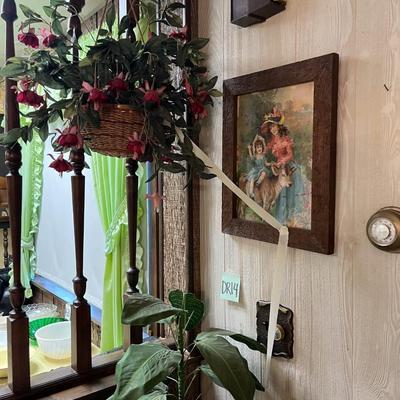 Sale Photo Thumbnail #1094: Hanging basket planter, plant stand, fake plant, framed artwork