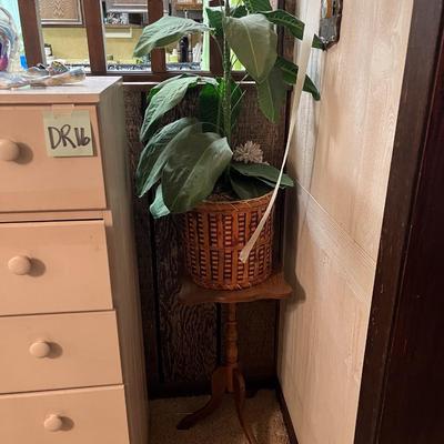 Sale Photo Thumbnail #1097: Hanging basket planter, plant stand, fake plant, framed artwork