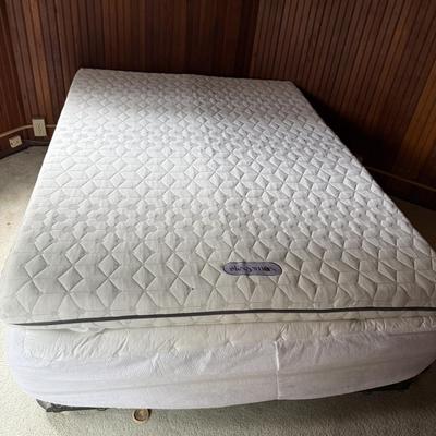 Full size mattress, metal box spring, Sleepmax padded bed topper