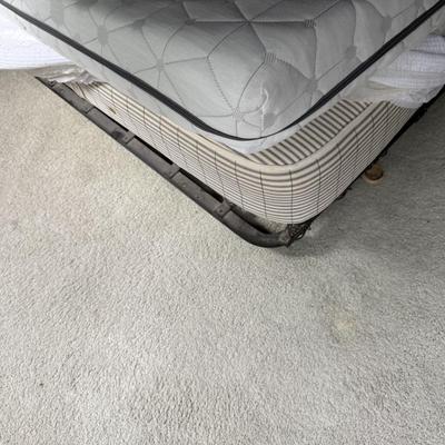 Full size mattress, metal box spring, Sleepmax padded bed topper