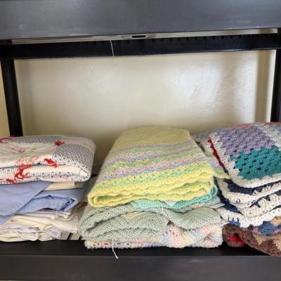Group of crocheted items w/misc bed linens