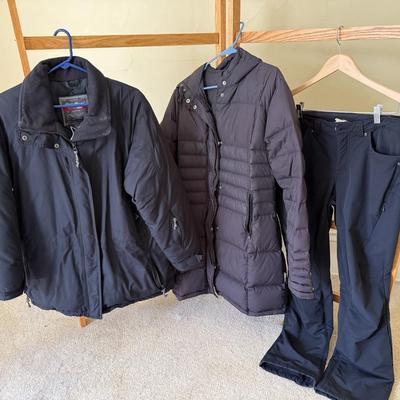 Winter wear, Duluth Trading snow pants 10, Eddie Bauer coat M, black coat no size/no name, but really nice.