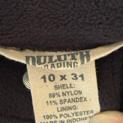 Winter wear, Duluth Trading snow pants 10, Eddie Bauer coat M, black coat no size/no name, but really nice.