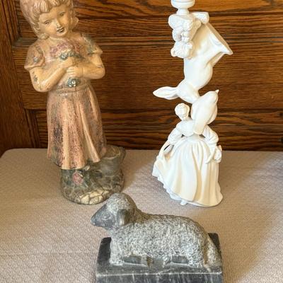 Alice in Wonderland Candle Holder, Marble Lamb Sculpture, Ceramic Doll w/flowers
