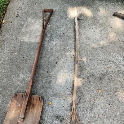 Primitive Wood Shovel and Rake