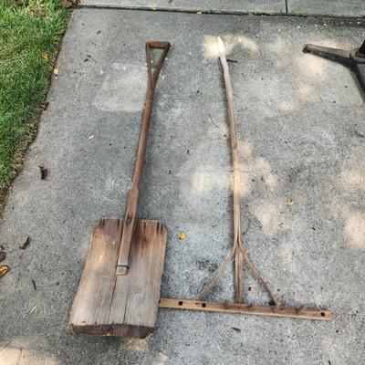 Primitive Wood Shovel and Rake