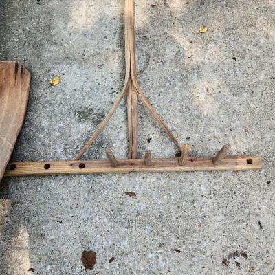 Primitive Wood Shovel and Rake