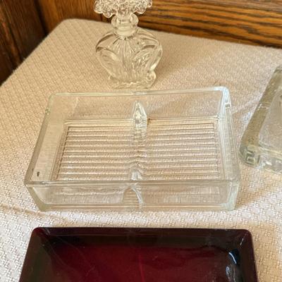 Vintage No 2 Queen Anne Hurricane Lamp, Glass Cigarette Box, Glass Perfume Bottle