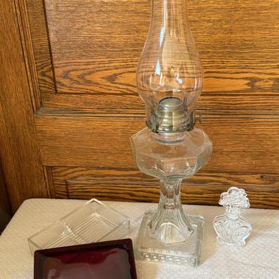 Vintage No 2 Queen Anne Hurricane Lamp, Glass Cigarette Box, Glass Perfume Bottle