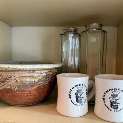 Pottery bowl, coffee mugs, pasta noodle glass containers