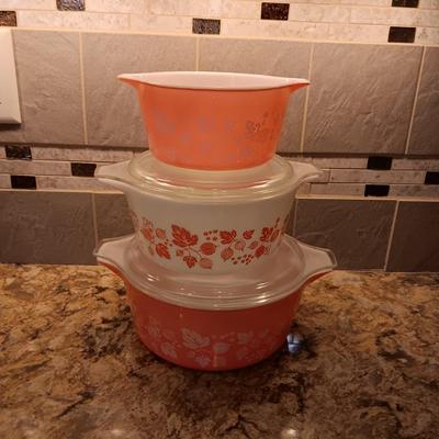 PYREX PINK GOOSEBERRY CASSEROLE DISHES