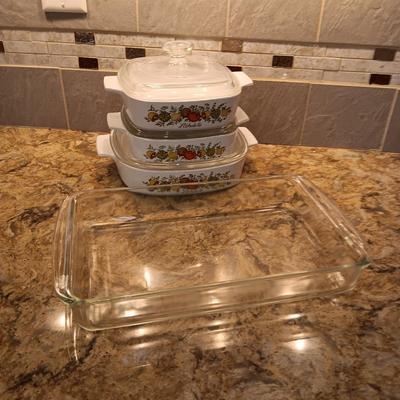 CORNING WARE SPICE OF LIFE CASSEROLE DISHES PLUS A GLASS BAKING DISH