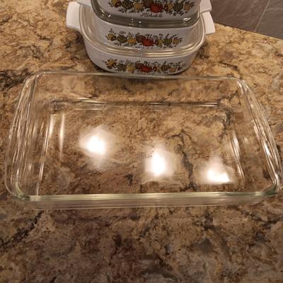 CORNING WARE SPICE OF LIFE CASSEROLE DISHES PLUS A GLASS BAKING DISH