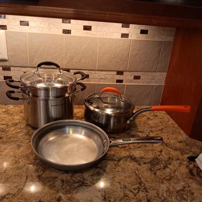 RACHEL RAY SAUCEPAN, DOUBLE BOILER/STEAMER AND A FRY PAN