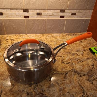 RACHEL RAY SAUCEPAN, DOUBLE BOILER/STEAMER AND A FRY PAN