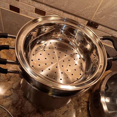 RACHEL RAY SAUCEPAN, DOUBLE BOILER/STEAMER AND A FRY PAN