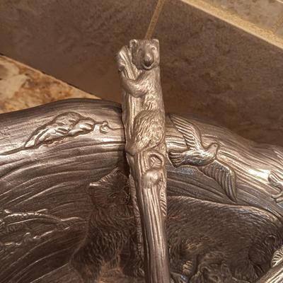 VERY DETAILED WITH BEAR, FISH & BIRDS PEWTER SALAD BOWL WITH UTENSILS BY ARTHUR COURT