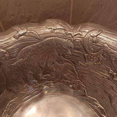 VERY DETAILED WITH BEAR, FISH & BIRDS PEWTER SALAD BOWL WITH UTENSILS BY ARTHUR COURT