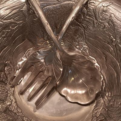 VERY DETAILED WITH BEAR, FISH & BIRDS PEWTER SALAD BOWL WITH UTENSILS BY ARTHUR COURT
