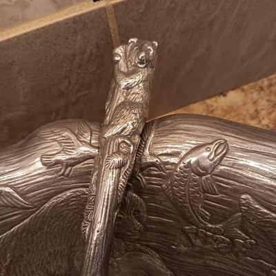 VERY DETAILED WITH BEAR, FISH & BIRDS PEWTER SALAD BOWL WITH UTENSILS BY ARTHUR COURT