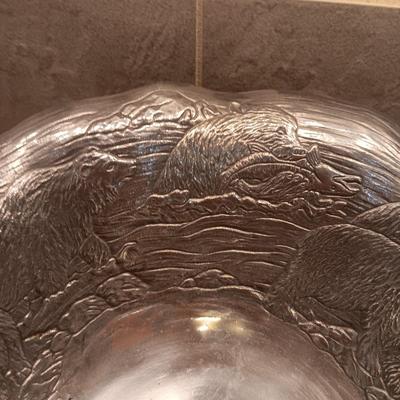 VERY DETAILED WITH BEAR, FISH & BIRDS PEWTER SALAD BOWL WITH UTENSILS BY ARTHUR COURT