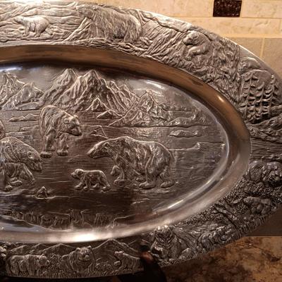 VERY DETAILED W/BEARS/FISH & BIRDS PEWTER PLATTER BY ARTHUR COURT