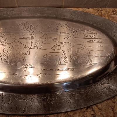 VERY DETAILED W/BEARS/FISH & BIRDS PEWTER PLATTER BY ARTHUR COURT
