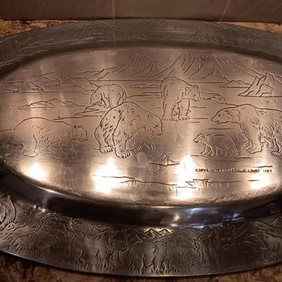 VERY DETAILED W/BEARS/FISH & BIRDS PEWTER PLATTER BY ARTHUR COURT