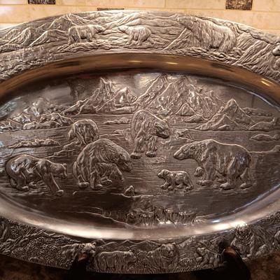 VERY DETAILED W/BEARS/FISH & BIRDS PEWTER PLATTER BY ARTHUR COURT