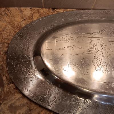 VERY DETAILED W/BEARS/FISH & BIRDS PEWTER PLATTER BY ARTHUR COURT