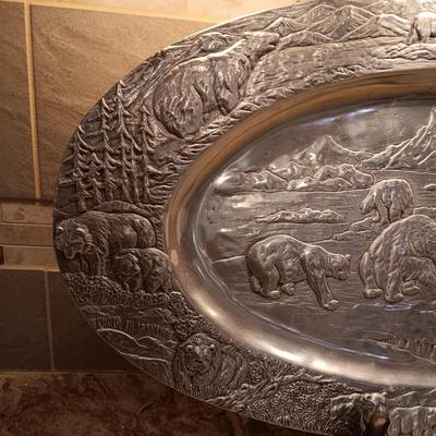 VERY DETAILED W/BEARS/FISH & BIRDS PEWTER PLATTER BY ARTHUR COURT