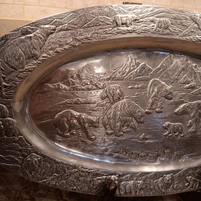 VERY DETAILED W/BEARS/FISH & BIRDS PEWTER PLATTER BY ARTHUR COURT