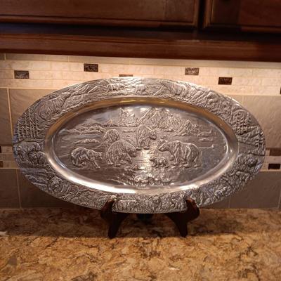 VERY DETAILED W/BEARS/FISH & BIRDS PEWTER PLATTER BY ARTHUR COURT