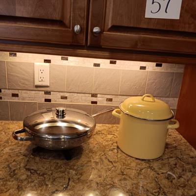 FARBERWARE ELECTRIC FRYING PAN AND AN ENAMELED STOCK POT
