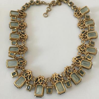Gorgeous, vintage, JC, crew light, green, crystal satin, gold tone, statement, necklace