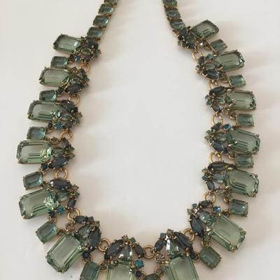 Gorgeous, vintage, JC, crew light, green, crystal satin, gold tone, statement, necklace