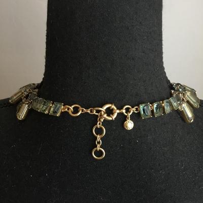 Gorgeous, vintage, JC, crew light, green, crystal satin, gold tone, statement, necklace