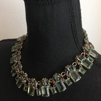 Gorgeous, vintage, JC, crew light, green, crystal satin, gold tone, statement, necklace