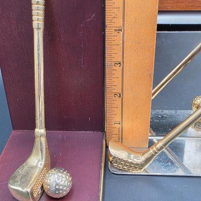 LOT 80C: Vintage Golf Themed Items, Includes A Linden Mantel Clock, Book Ends & More