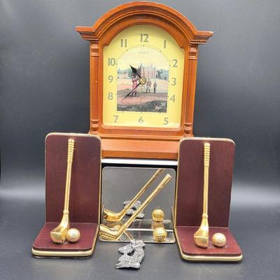 LOT 80C: Vintage Golf Themed Items, Includes A Linden Mantel Clock, Book Ends & More