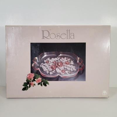 LOT 86: Pink Flowered Cake Tray with Three Lenox Hand Painted Vases and Three Assorted Hand Blown Vases