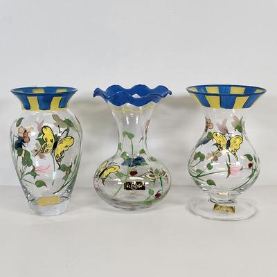 LOT 86: Pink Flowered Cake Tray with Three Lenox Hand Painted Vases and Three Assorted Hand Blown Vases