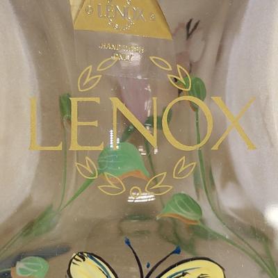 LOT 86: Pink Flowered Cake Tray with Three Lenox Hand Painted Vases and Three Assorted Hand Blown Vases