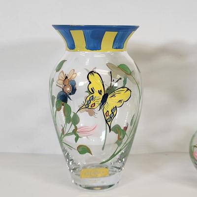 LOT 86: Pink Flowered Cake Tray with Three Lenox Hand Painted Vases and Three Assorted Hand Blown Vases