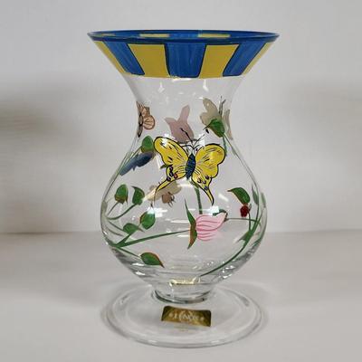 LOT 86: Pink Flowered Cake Tray with Three Lenox Hand Painted Vases and Three Assorted Hand Blown Vases