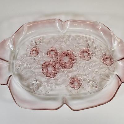 LOT 86: Pink Flowered Cake Tray with Three Lenox Hand Painted Vases and Three Assorted Hand Blown Vases