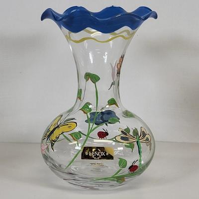 LOT 86: Pink Flowered Cake Tray with Three Lenox Hand Painted Vases and Three Assorted Hand Blown Vases