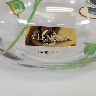 LOT 86: Pink Flowered Cake Tray with Three Lenox Hand Painted Vases and Three Assorted Hand Blown Vases
