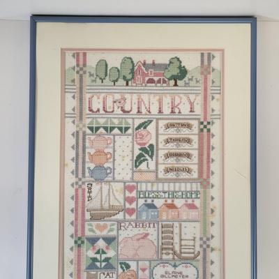 LOT 97: Framed Cross-Stitched Country Collection Artwork