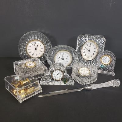 LOT 103: Collection of Crystal Desktop and Mantel Clocks; Waterford, Killarney, and Others